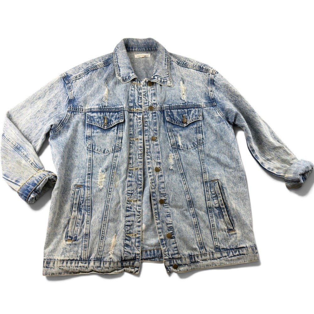 Honey Punch Fearless Jean Jacket Women M Blue Acid Wash Embroidered Patch Street